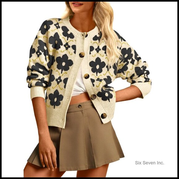 Sweaters - Floral Cardigan Sweater Long Sleeve Open Front Button Down Retro Knit Coat